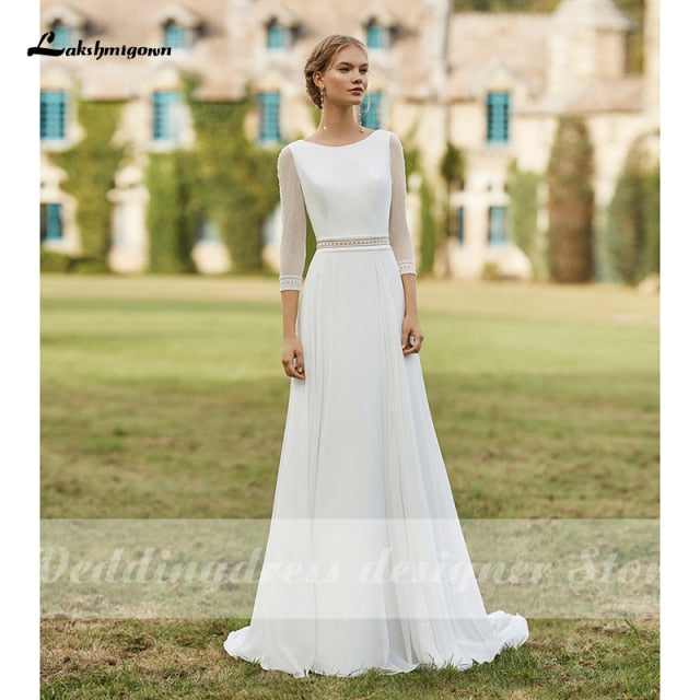 Simple Boho Wedding Dresses 2021 Removable Train Scoop Neck vestido de novia Chiffon A Line Bridal Dresses with 3/4 Sleeves - ROYCEBRIDAL OFFICIAL STORE