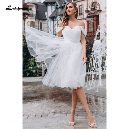 Elegant Tulle A-Line Wedding Dresses Sweetheart Neck Sleeveless Knee-Length None Train Bride Gowns Simple Off The Shoulder 2021 - ROYCEBRIDAL OFFICIAL STORE