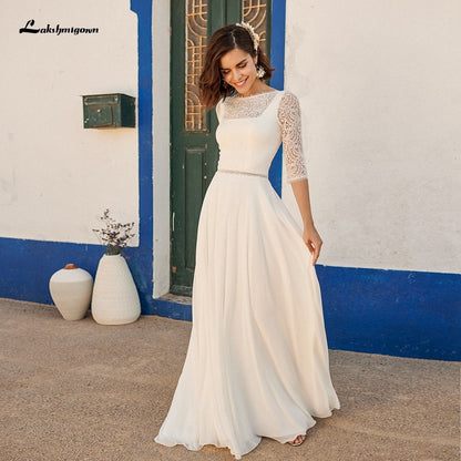 Lakshmigown Simple Boho Bridal Floor Length Wedding Dress Half Sleeves 2021 Robe de Plage Chiffon Beach Wedding Gowns Open Back - ROYCEBRIDAL OFFICIAL STORE