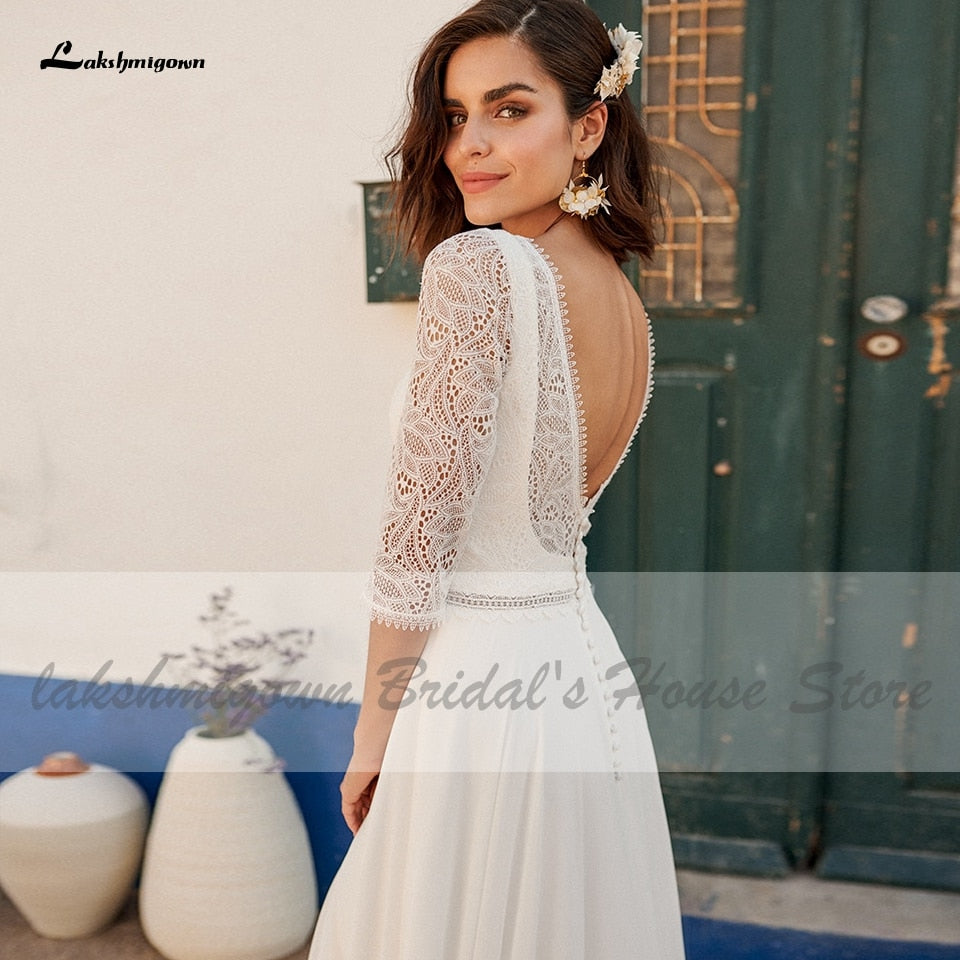 Lakshmigown Simple Boho Bridal Floor Length Wedding Dress Half Sleeves 2021 Robe de Plage Chiffon Beach Wedding Gowns Open Back - ROYCEBRIDAL OFFICIAL STORE