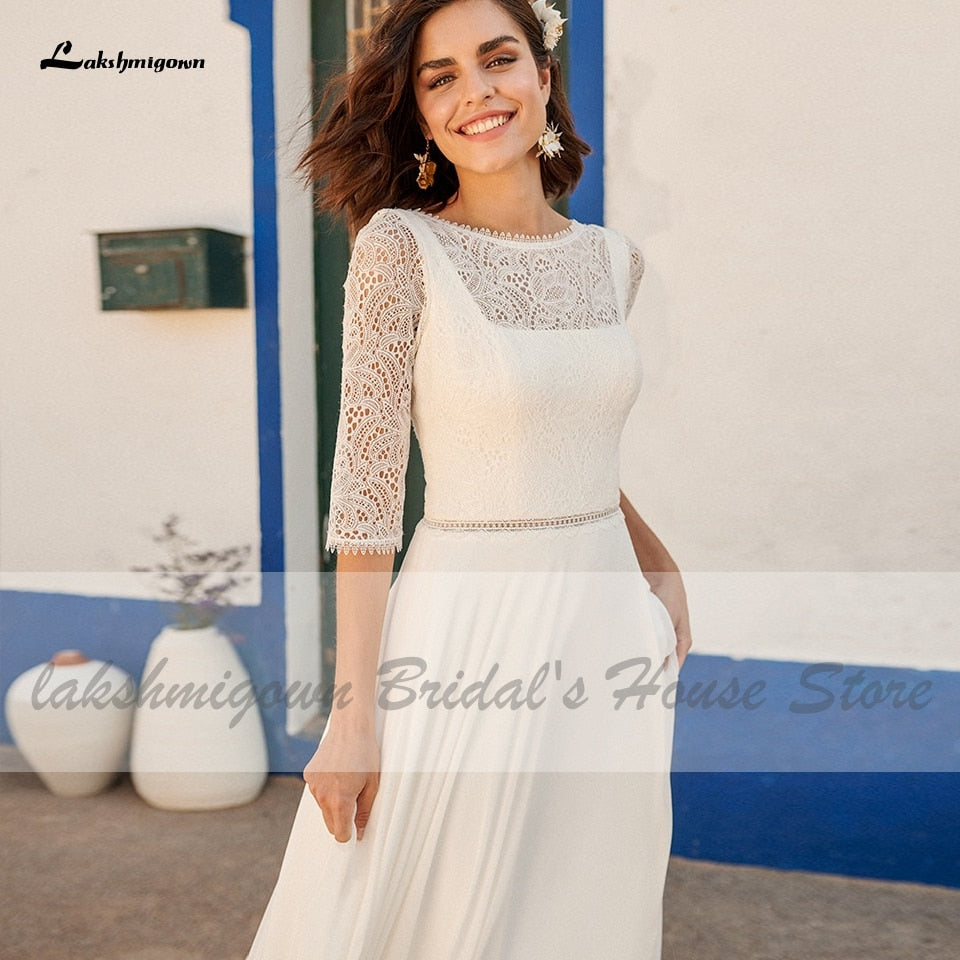 Lakshmigown Simple Boho Bridal Floor Length Wedding Dress Half Sleeves 2021 Robe de Plage Chiffon Beach Wedding Gowns Open Back - ROYCEBRIDAL OFFICIAL STORE