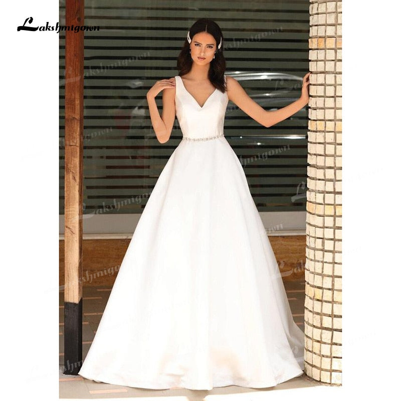 2021 A-Line Soft Satin Wedding Dresses Beaded Sashes V-Neck Simple Sleeveless Backless Floor-Length Bridal Gown Off The Shoulder - ROYCEBRIDAL OFFICIAL STORE