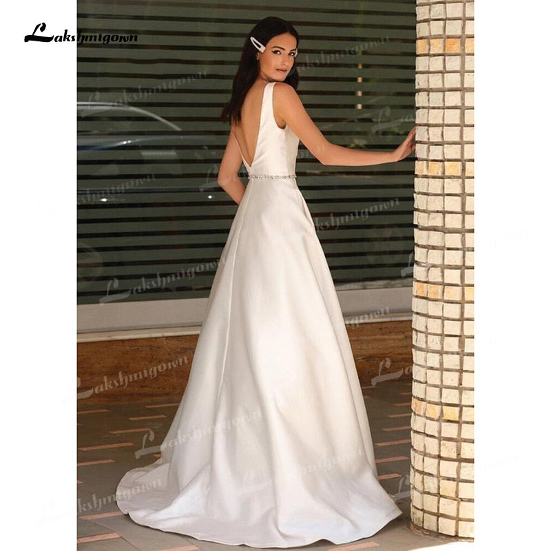 2021 A-Line Soft Satin Wedding Dresses Beaded Sashes V-Neck Simple Sleeveless Backless Floor-Length Bridal Gown Off The Shoulder - ROYCEBRIDAL OFFICIAL STORE