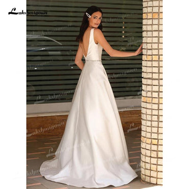 2021 A-Line Soft Satin Wedding Dresses Beaded Sashes V-Neck Simple Sleeveless Backless Floor-Length Bridal Gown Off The Shoulder - ROYCEBRIDAL OFFICIAL STORE