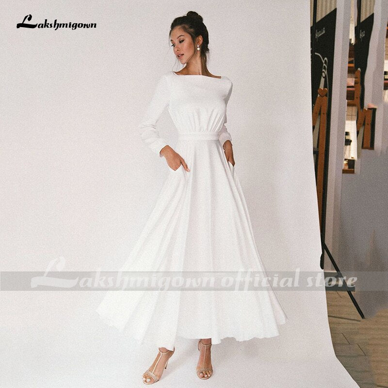 Lakshmigown Simple Short Wedding Dresses Long Sleeves Ankle-Length A-Line Bride Dresses Pleated Wedding Gowns with Pocket - ROYCEBRIDAL OFFICIAL STORE