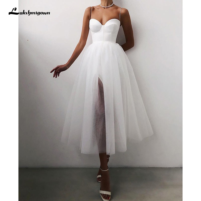 Cheap A Line Short Wedding Dress 2021 Spaghetti Straps Simple Bride Dresses Tea Length Weddin Party Gowns - ROYCEBRIDAL OFFICIAL STORE