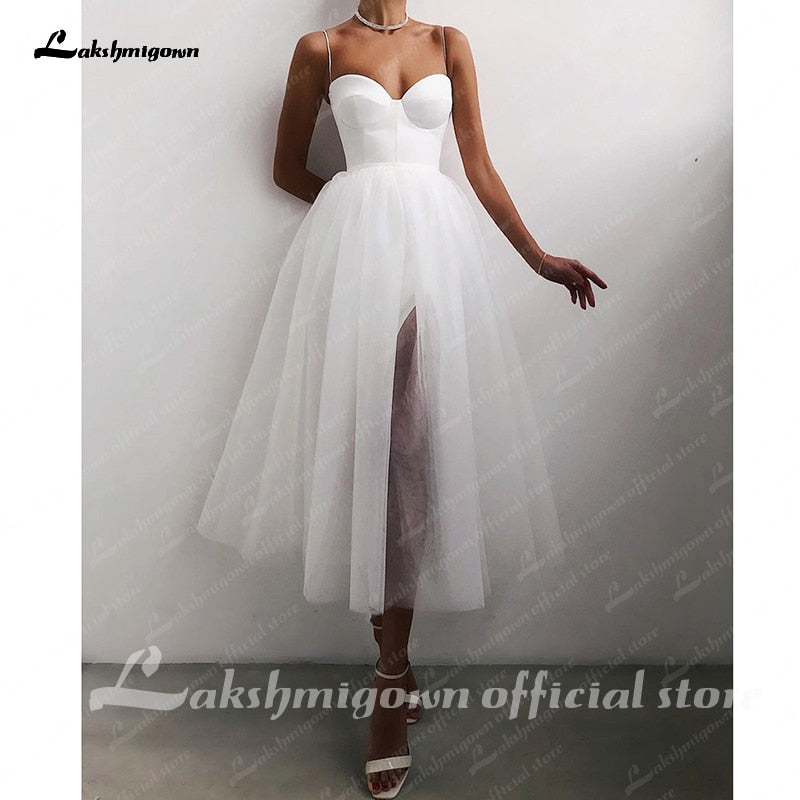 Cheap A Line Short Wedding Dress 2021 Spaghetti Straps Simple Bride Dresses Tea Length Weddin Party Gowns - ROYCEBRIDAL OFFICIAL STORE