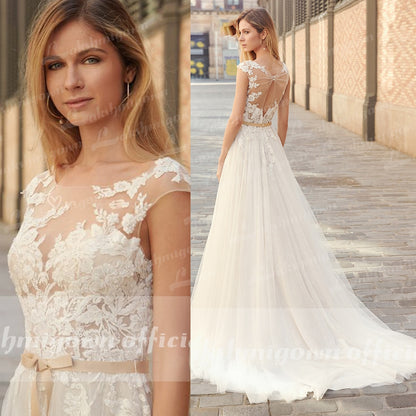 2022 Country Boho Wedding Dress For Women robe de mariée A Line Lace Tulle Wedding Gowns Open Back Off White New Real Photo - ROYCEBRIDAL OFFICIAL STORE