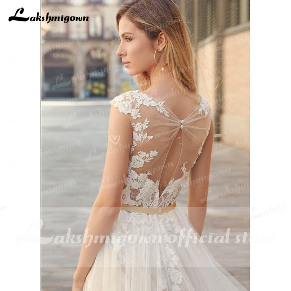 2022 Country Boho Wedding Dress For Women robe de mariée A Line Lace Tulle Wedding Gowns Open Back Off White New Real Photo - ROYCEBRIDAL OFFICIAL STORE