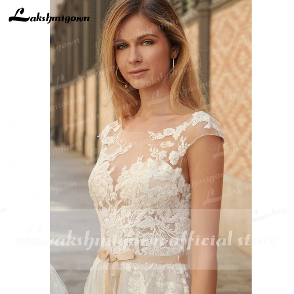 2022 Country Boho Wedding Dress For Women robe de mariée A Line Lace Tulle Wedding Gowns Open Back Off White New Real Photo - ROYCEBRIDAL OFFICIAL STORE