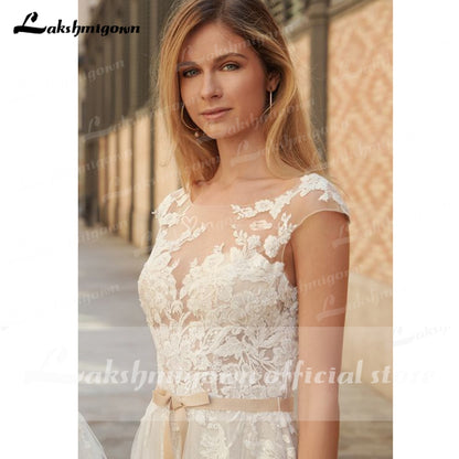 2022 Country Boho Wedding Dress For Women robe de mariée A Line Lace Tulle Wedding Gowns Open Back Off White New Real Photo - ROYCEBRIDAL OFFICIAL STORE