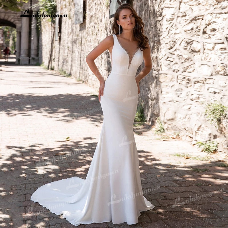 Simple Sexy Mermaid Wedding Dresses V Neck Sleeveless Beading Court Train Backless Soft Satin Gown Bridal Gown robe mariage - ROYCEBRIDAL OFFICIAL STORE