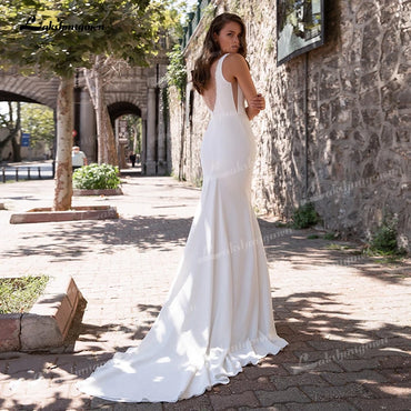 Simple Sexy Mermaid Wedding Dresses V Neck Sleeveless Beading Court Train Backless Soft Satin Gown Bridal Gown robe mariage - ROYCEBRIDAL OFFICIAL STORE