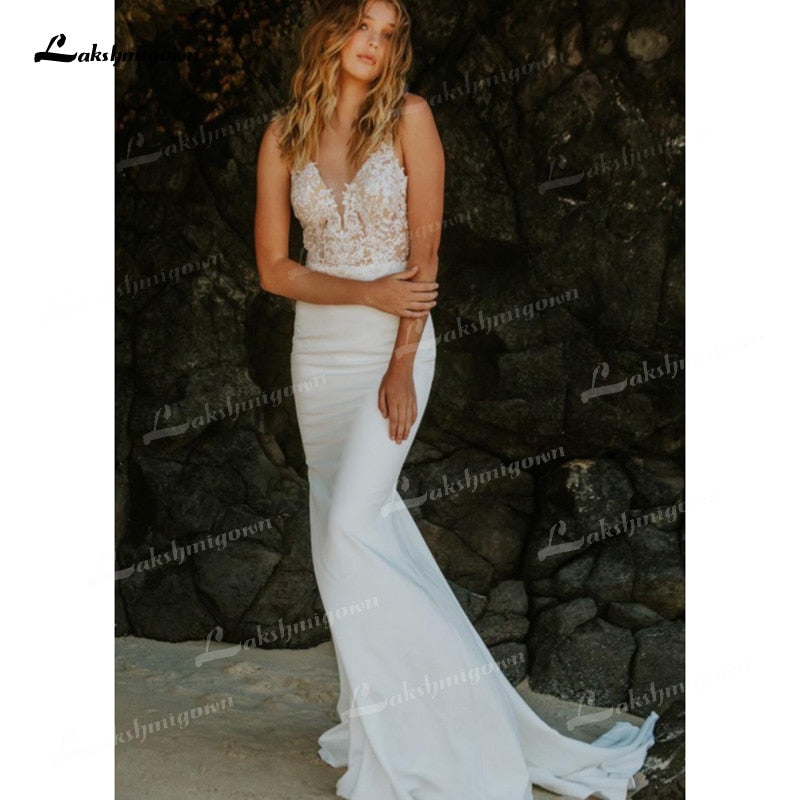 Mermaid Soft Satin Wedding Dresses Spaghetti Straps Sleeveless Sexy Low V-Neck Beading Lace Appliques Cathedral Train Bride Gown - ROYCEBRIDAL OFFICIAL STORE