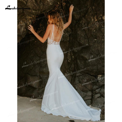 Mermaid Soft Satin Wedding Dresses Spaghetti Straps Sleeveless Sexy Low V-Neck Beading Lace Appliques Cathedral Train Bride Gown - ROYCEBRIDAL OFFICIAL STORE