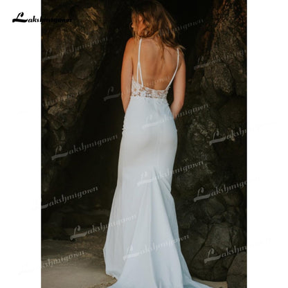 Mermaid Soft Satin Wedding Dresses Spaghetti Straps Sleeveless Sexy Low V-Neck Beading Lace Appliques Cathedral Train Bride Gown - ROYCEBRIDAL OFFICIAL STORE