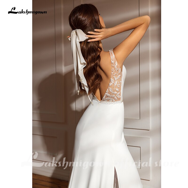 2021 Bohemian Wedding Dresses Charming Lace Mermadi Bridal Gown V Neck Sweep Train Wedding Dresses Satin Bridal Dress - ROYCEBRIDAL OFFICIAL STORE