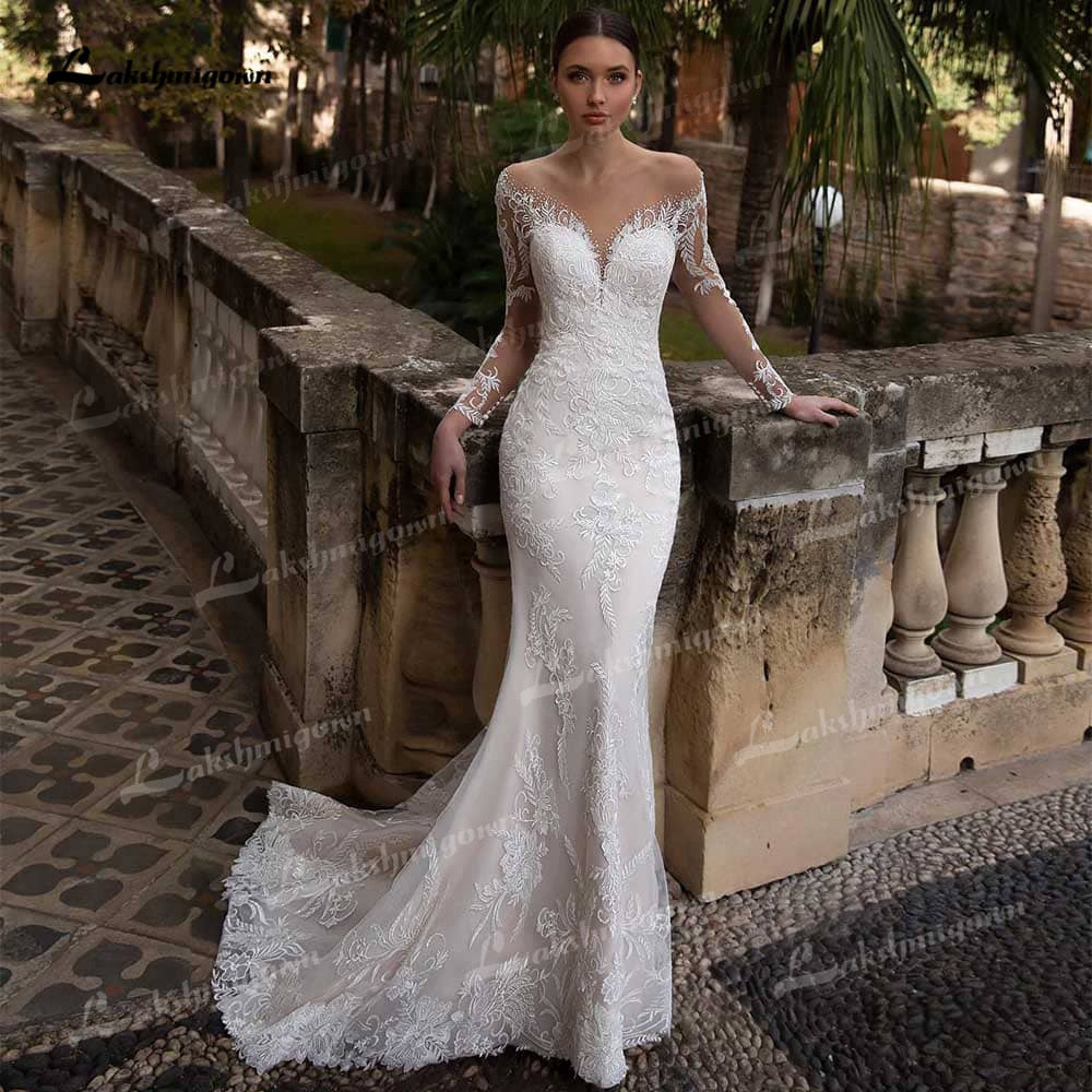 Gorgeous Lace A-Line Wedding Dresses Illusion Boat Neck Long Sleeve Sweep/Brush Train Tulle Bride Gowns Pleats Appliques Beading - ROYCEBRIDAL OFFICIAL STORE