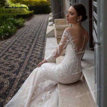 Gorgeous Lace A-Line Wedding Dresses Illusion Boat Neck Long Sleeve Sweep/Brush Train Tulle Bride Gowns Pleats Appliques Beading - ROYCEBRIDAL OFFICIAL STORE