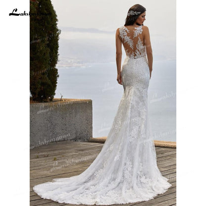 Charming Tulle & Soft Satin Mermaid Wedding Dresses V-Neck Sleeveless Illusion Lace Appliques Chapel Train Bride Gowns Trouwjurk - ROYCEBRIDAL OFFICIAL STORE