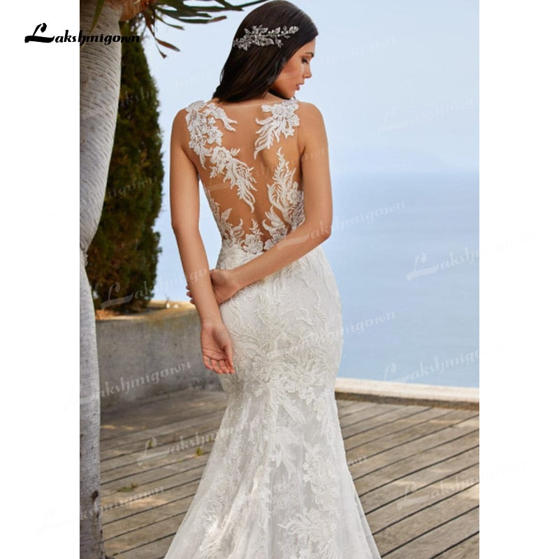 Charming Tulle & Soft Satin Mermaid Wedding Dresses V-Neck Sleeveless Illusion Lace Appliques Chapel Train Bride Gowns Trouwjurk - ROYCEBRIDAL OFFICIAL STORE