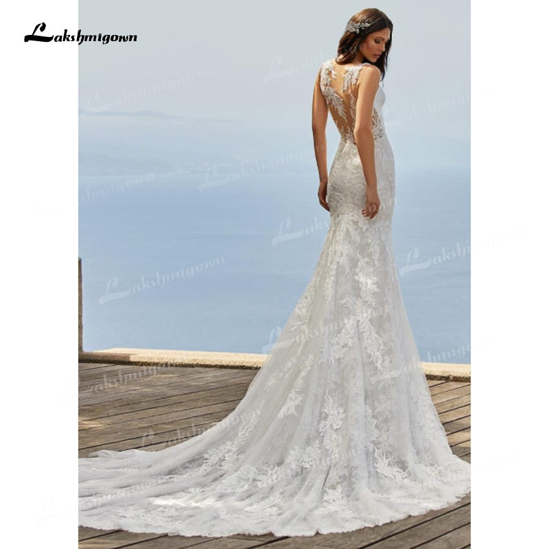 Charming Tulle & Soft Satin Mermaid Wedding Dresses V-Neck Sleeveless Illusion Lace Appliques Chapel Train Bride Gowns Trouwjurk - ROYCEBRIDAL OFFICIAL STORE