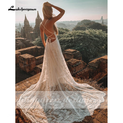 Vestido Summer Boho Wedding Dresses Criss-cross Strap Floral Embroidery Bodice Lace Beach Sexy Simple Wedding Bridal Gown 2022 - ROYCEBRIDAL OFFICIAL STORE