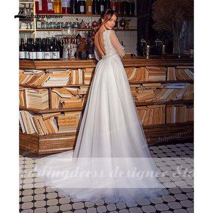 Fashionable Beach A-Line Wedding Dresses with Long Sleeves V-neck Backless Robe Mariee Boho Lace Bridal Gowns Tullkleid 2021 - ROYCEBRIDAL OFFICIAL STORE