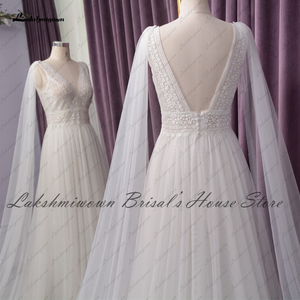 Lakshmigown Sexy V-neck Beach Dress Summer Wedding 2021 Chic Birdal Robe Boho A Line Wedding Dresses with Cape Sleeveless - ROYCEBRIDAL OFFICIAL STORE