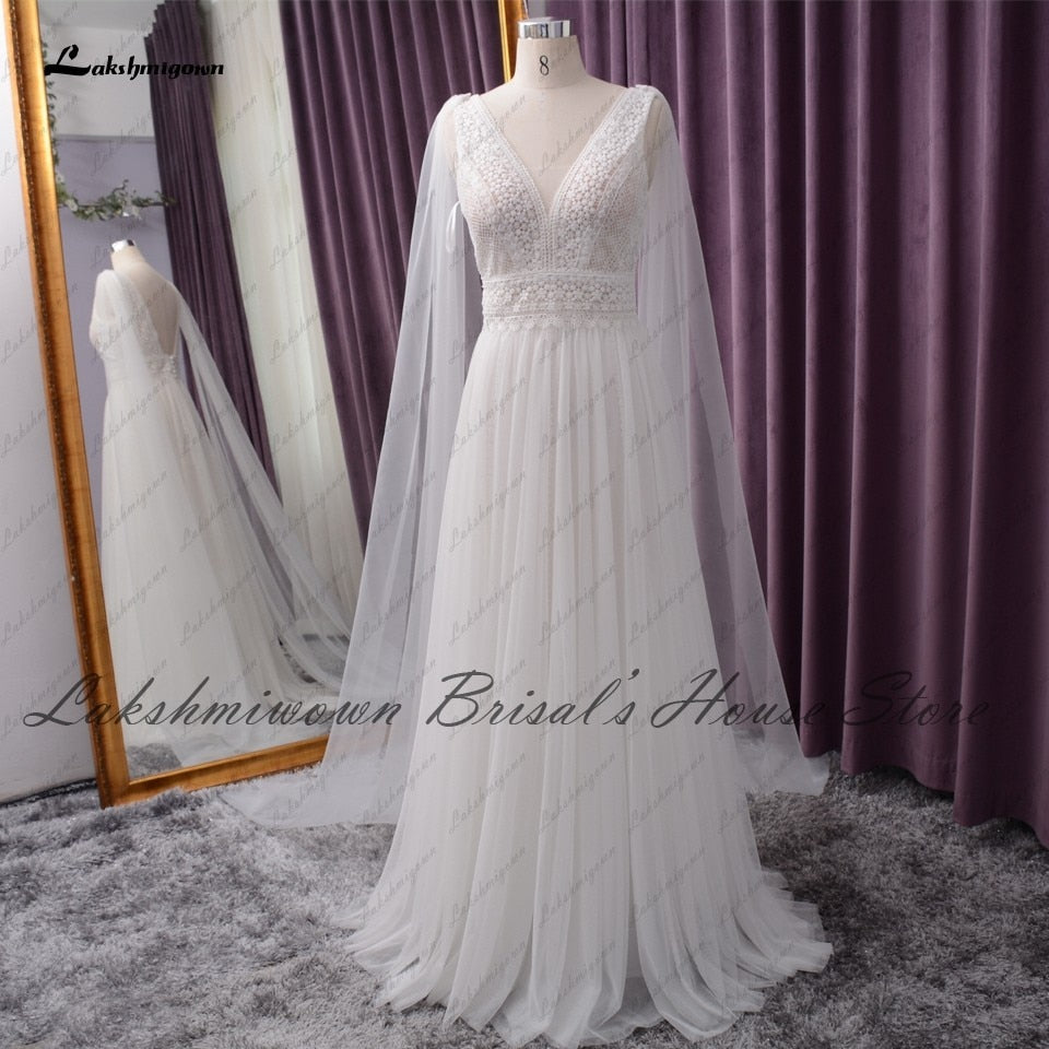 Lakshmigown Sexy V-neck Beach Dress Summer Wedding 2021 Chic Birdal Robe Boho A Line Wedding Dresses with Cape Sleeveless - ROYCEBRIDAL OFFICIAL STORE