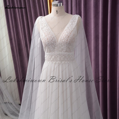 Lakshmigown Sexy V-neck Beach Dress Summer Wedding 2021 Chic Birdal Robe Boho A Line Wedding Dresses with Cape Sleeveless - ROYCEBRIDAL OFFICIAL STORE