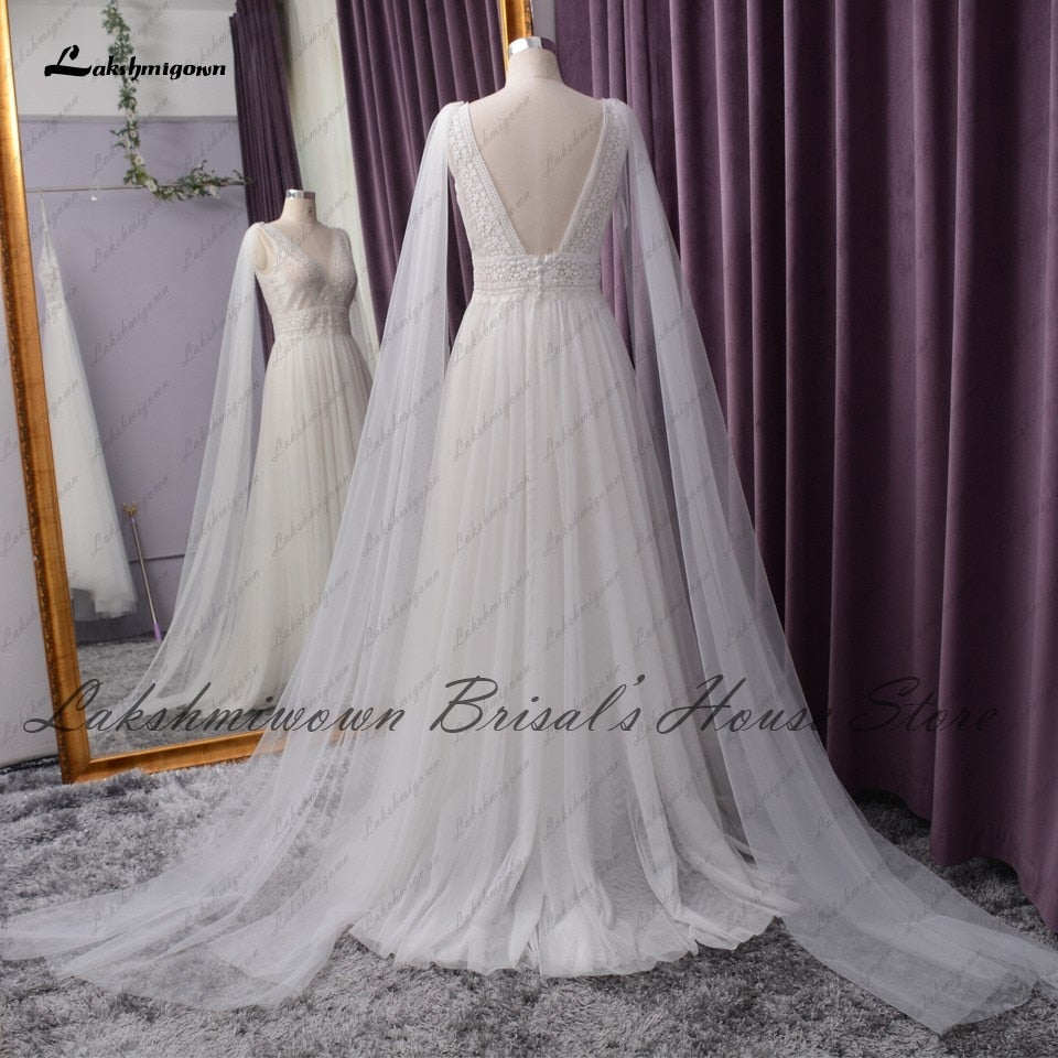 Lakshmigown Sexy V-neck Beach Dress Summer Wedding 2021 Chic Birdal Robe Boho A Line Wedding Dresses with Cape Sleeveless - ROYCEBRIDAL OFFICIAL STORE