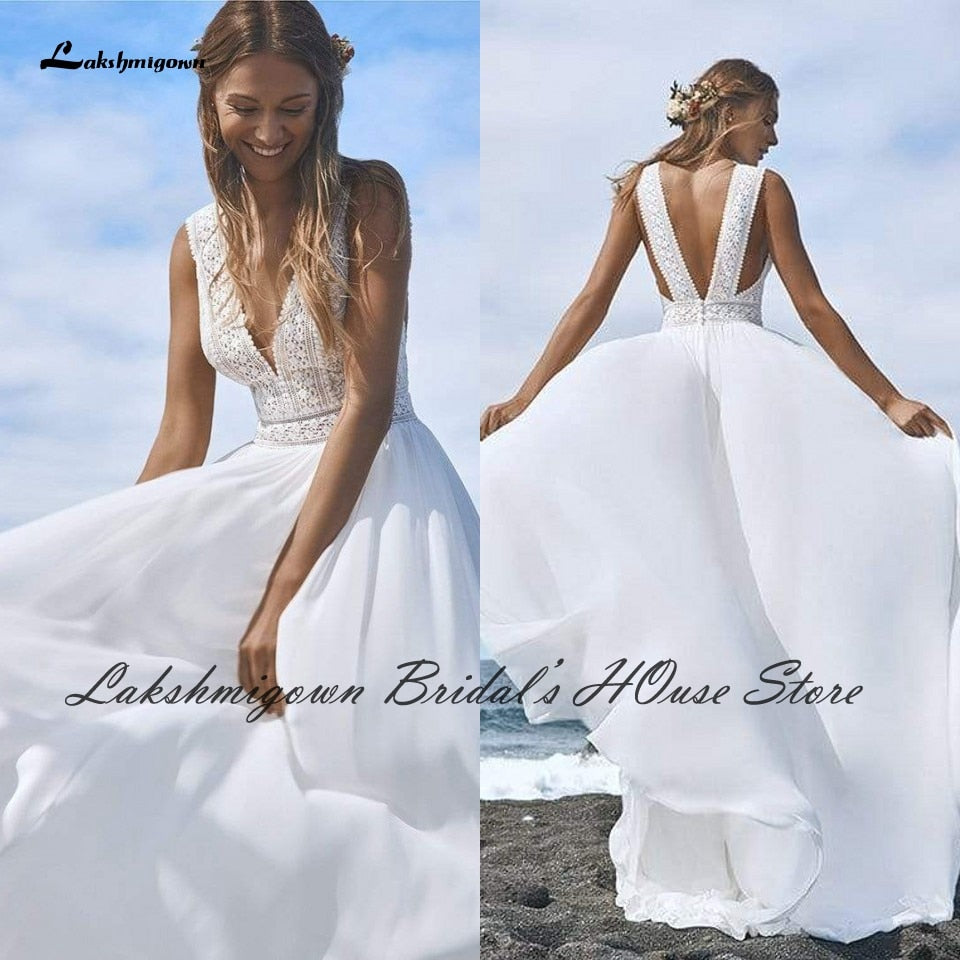 Lakshmigown Sexy Bridal Boho Wedding Dress Beach Summer 2022 Boda Plunging Backless Civil Women A Line Wedding Dresses - ROYCEBRIDAL OFFICIAL STORE