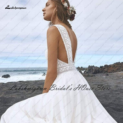 Lakshmigown Sexy Bridal Boho Wedding Dress Beach Summer 2022 Boda Plunging Backless Civil Women A Line Wedding Dresses - ROYCEBRIDAL OFFICIAL STORE