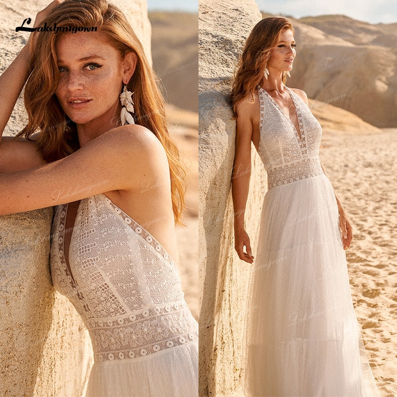 Bohemian Boho Wedding Dresses 2021 Halter Backless Vestido Novia Lace Beach Bridal Dress Simple Wedding Gown robe de mariee - ROYCEBRIDAL OFFICIAL STORE