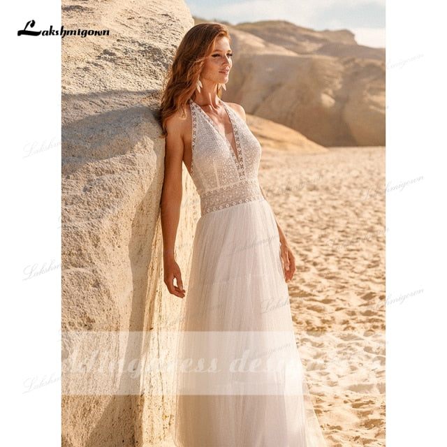 Bohemian Boho Wedding Dresses 2021 Halter Backless Vestido Novia Lace Beach Bridal Dress Simple Wedding Gown robe de mariee - ROYCEBRIDAL OFFICIAL STORE