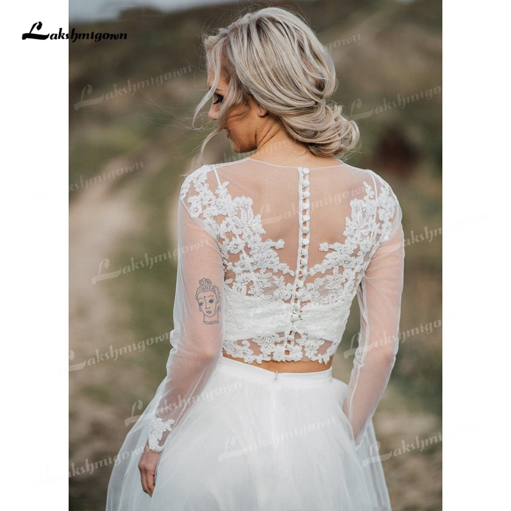 Boho Organza And Tulle A-Line Wedding Dresses Two Piece O-Neck Long Sleeve Court Train Bride Gowns Appliques Lace Pleats Elegant - ROYCEBRIDAL OFFICIAL STORE