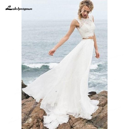 Two Piece Chiffon A-Line Boho Wedding Dresses O-Neck Cap Short Sleeve Sweep/Brush Train Bride Gowns Appliques Pleats Lace Simple - ROYCEBRIDAL OFFICIAL STORE