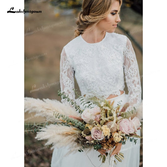 Two Piece Tulle A-Line Boho Wedding Dresses O-Neck Long Sleeve Sexy Open Back Sweep/Brush Train Bride Gowns Appliques Pleat Lace - ROYCEBRIDAL OFFICIAL STORE