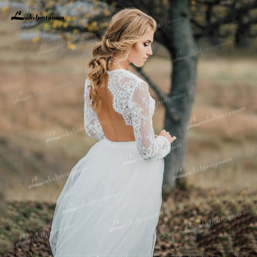 Two Piece Tulle A-Line Boho Wedding Dresses O-Neck Long Sleeve Sexy Open Back Sweep/Brush Train Bride Gowns Appliques Pleat Lace - ROYCEBRIDAL OFFICIAL STORE