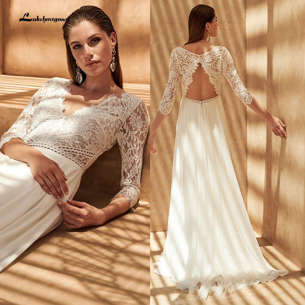 Sexy V Neck Three Quarter Sleeve Wedding Dress Two pieces Lace Top Bohemian Bridal Gowns robe femme mariages Vestidos de Nova - ROYCEBRIDAL OFFICIAL STORE