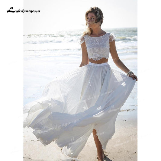 Unique Two Pieces Wedding Dresses Boat Neck Lace Top Cap-Sleeve And Chiffon Skirt Sweep Train Beach Bride Gowns robe de mariage - ROYCEBRIDAL OFFICIAL STORE