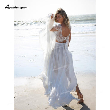 Unique Two Pieces Wedding Dresses Boat Neck Lace Top Cap-Sleeve And Chiffon Skirt Sweep Train Beach Bride Gowns robe de mariage - ROYCEBRIDAL OFFICIAL STORE