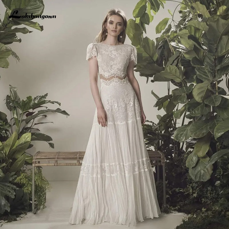 Bohemian Wedding Dress 2021 Two Pieces 2 Shorts Sleeve Floor Length Beach Bridal Gown Simple Chiffon For Women High Quality - ROYCEBRIDAL OFFICIAL STORE