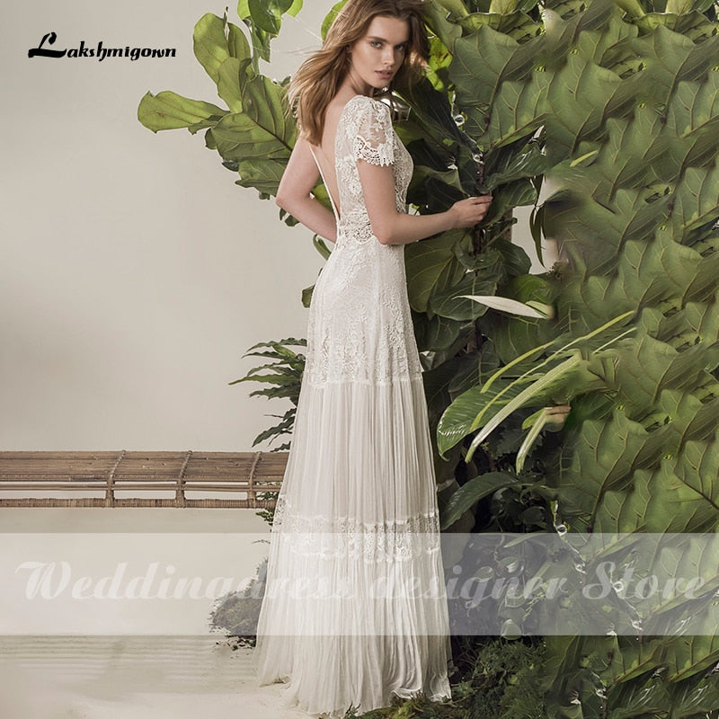 Bohemian Wedding Dress 2021 Two Pieces 2 Shorts Sleeve Floor Length Beach Bridal Gown Simple Chiffon For Women High Quality - ROYCEBRIDAL OFFICIAL STORE