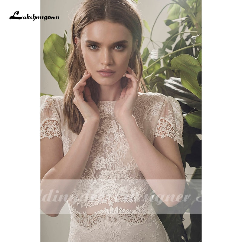 Bohemian Wedding Dress 2021 Two Pieces 2 Shorts Sleeve Floor Length Beach Bridal Gown Simple Chiffon For Women High Quality - ROYCEBRIDAL OFFICIAL STORE