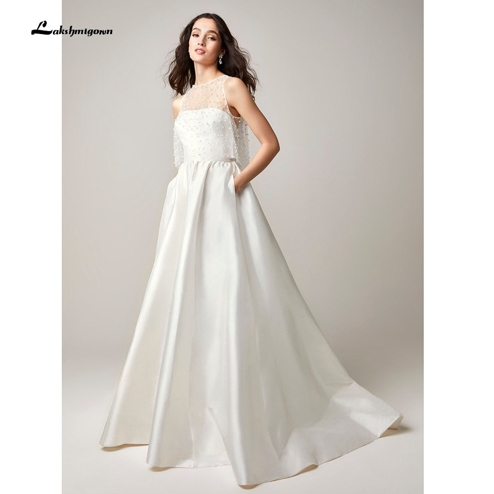 Two Pieces Wedding Dresses 2022 Pearls Top Bridal Gown Jewel Neck Beach Satin Wedding Gown Vestidos De Novia - ROYCEBRIDAL OFFICIAL STORE