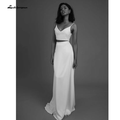 2022 Simple Two Piece Wedding Dresses Beach Bridal Dresses Floor Length Satin Outfit Reception Gowns Spaghetti Straps - ROYCEBRIDAL OFFICIAL STORE