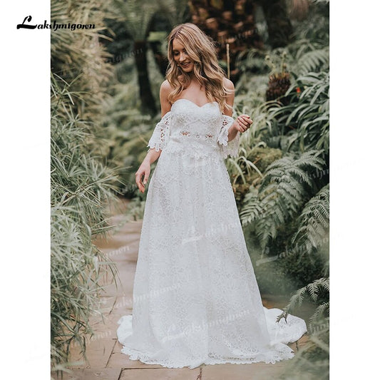 Two Piece  Boho Long Wedding Dresses Sweetheart Neck Appliques Floor-Length  Sweep Train Lace Short Sleeve vestidos de novia - ROYCEBRIDAL OFFICIAL STORE