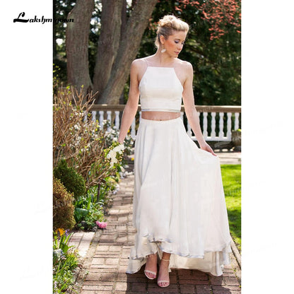 Two Piece Chiffon A-Line Wedding Dresses Spaghetti Straps Neck Open Back Sleeveless Sweep/Brush Train Beach Bride Gowns Pleats - ROYCEBRIDAL OFFICIAL STORE